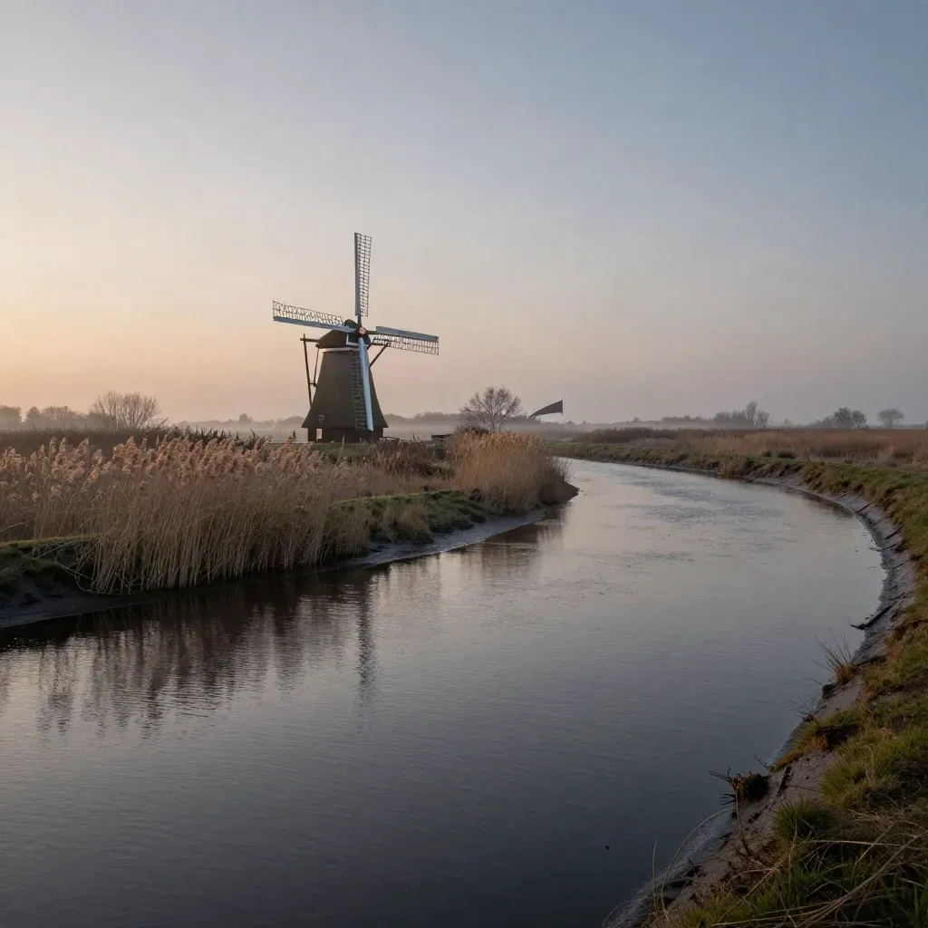 Noord-Hollandse polder met riet, stil water en een windmolen in mistig avondlicht.