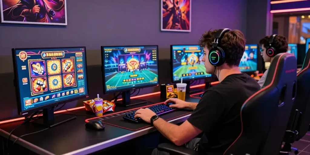 Menampilkan suasana gaming profesional dengan slot gacor yang menarik dan pencahayaan LED yang dinamis.