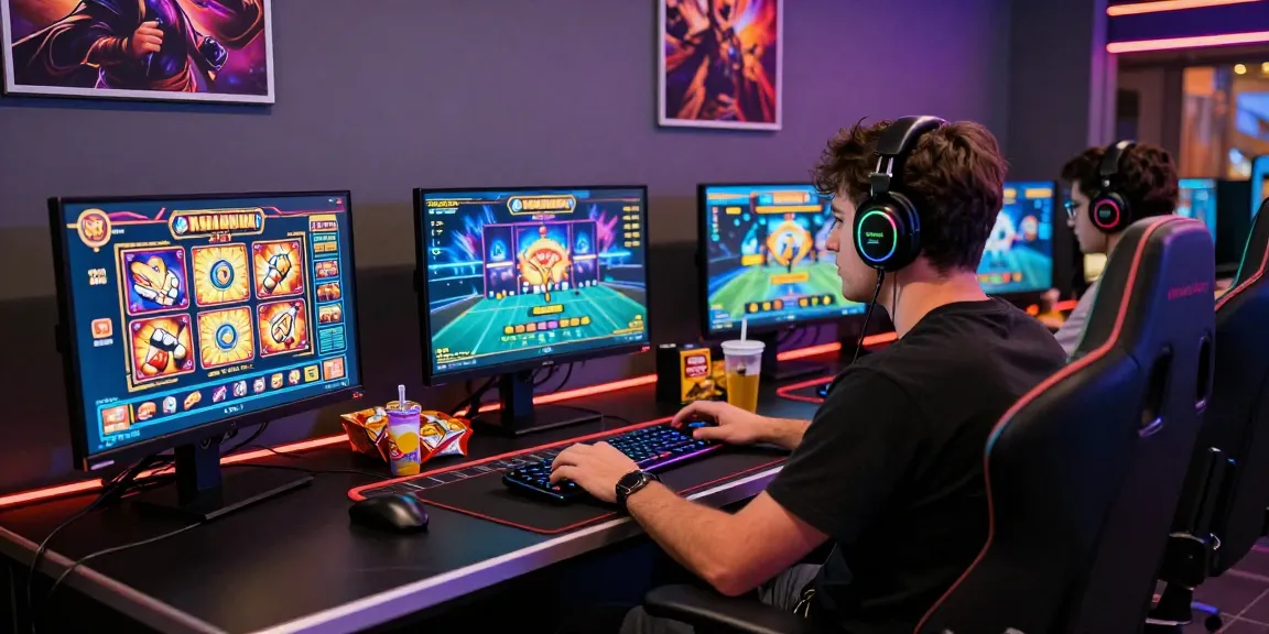 Menampilkan suasana gaming profesional dengan slot gacor yang menarik dan pencahayaan LED yang dinamis.