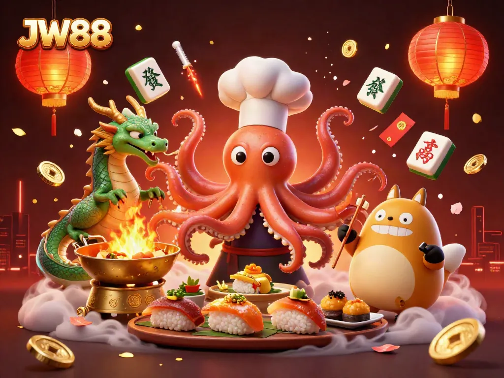 Engage in thrilling games at JW88 with a vibrant casino-themed illustration featuring dynamic characters and elements.