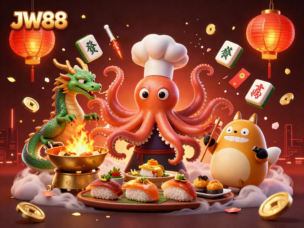 Engage in thrilling games at JW88 with a vibrant casino-themed illustration featuring dynamic characters and elements.