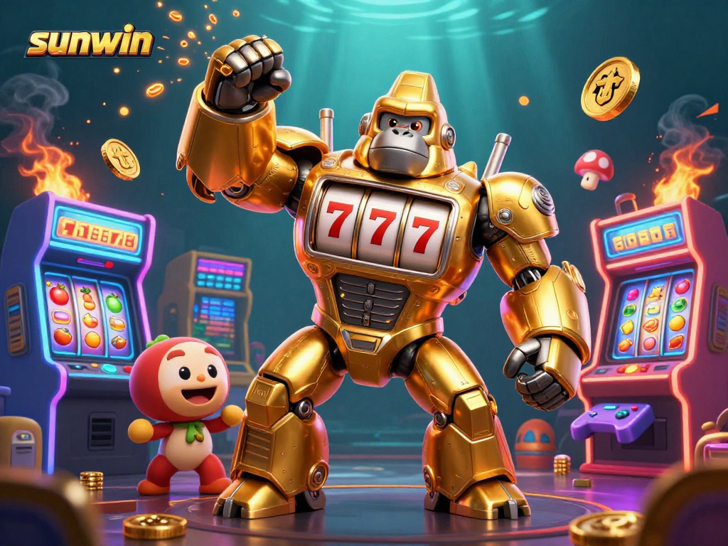 Engage with sunwin's dynamic gaming scene featuring an explosive golden gorilla mech and vibrant arcade elements.