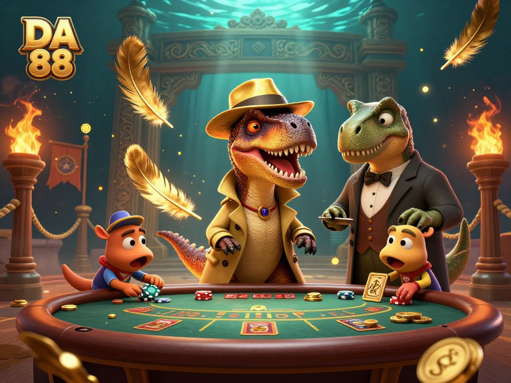 DA 88 showcases a velociraptor card counter at a blackjack table with dynamic casino elements.