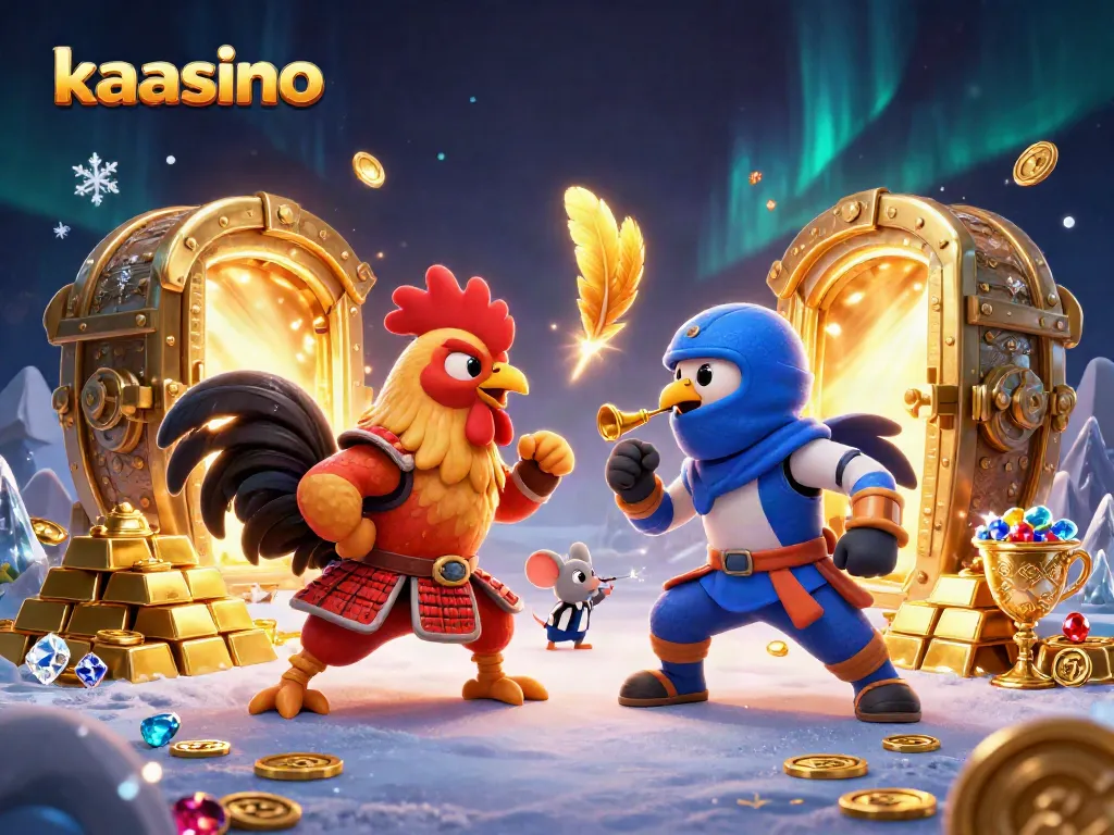 Kaasino showcases an epic gambling duel with colorful roosters and treasure, embodying fun gaming excitement.