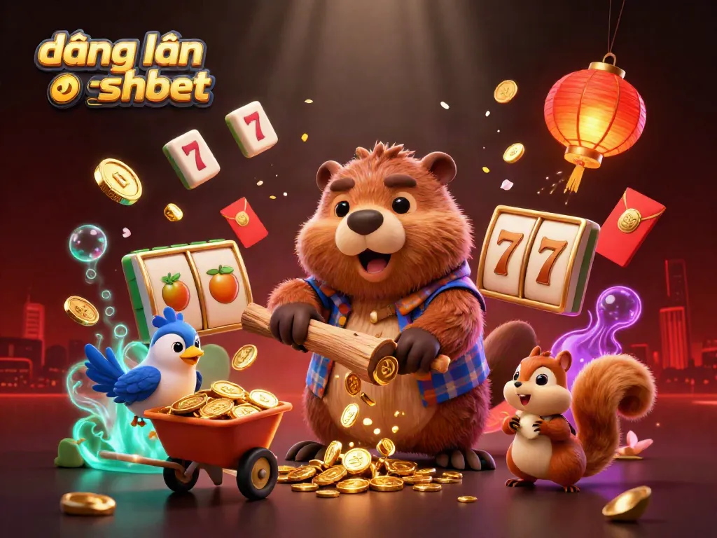 Spinning the slots with đăng nhập shbet using a vibrant 3D scene filled with characters and casino elements.