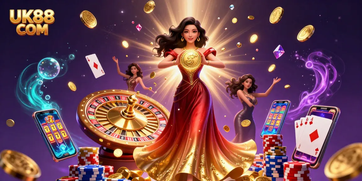 Experience thrilling gaming at UK88 COM with a vibrant casino scene showcasing stunning visuals and gold coins.