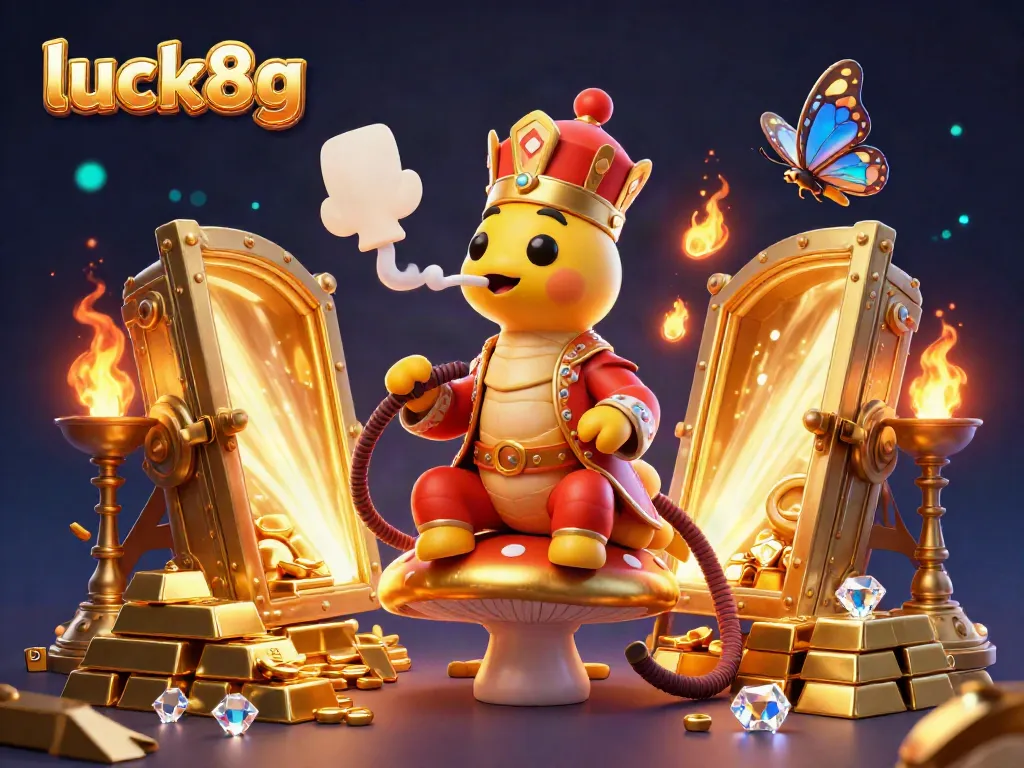 Experience the excitement of luck8g with a vibrant 3D casino scene showcasing colorful game elements and a whimsical caterpillar master.