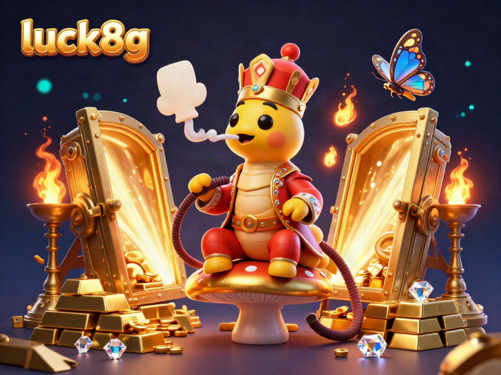 Experience the excitement of luck8g with a vibrant 3D casino scene showcasing colorful game elements and a whimsical caterpillar master.