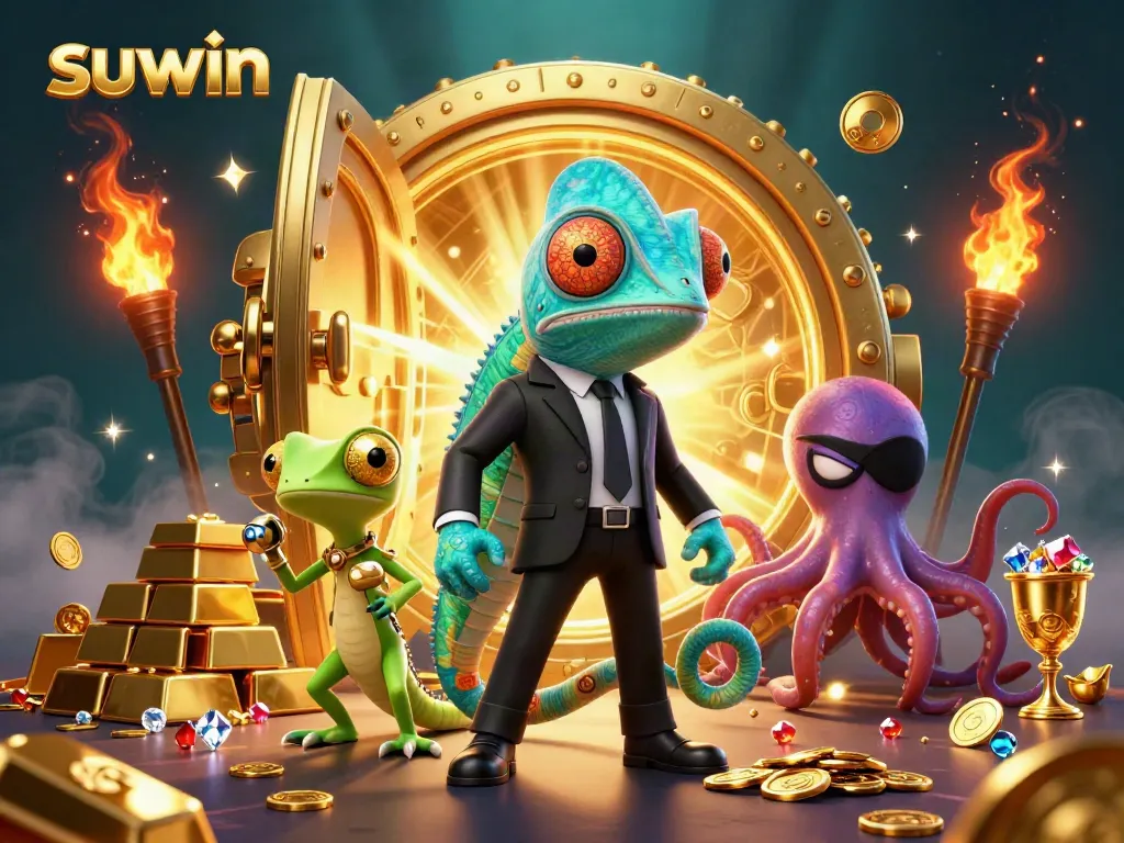 Suwin's cascading treasures intrigue players, showcasing vibrant games and animated characters in a dynamic casino setting.