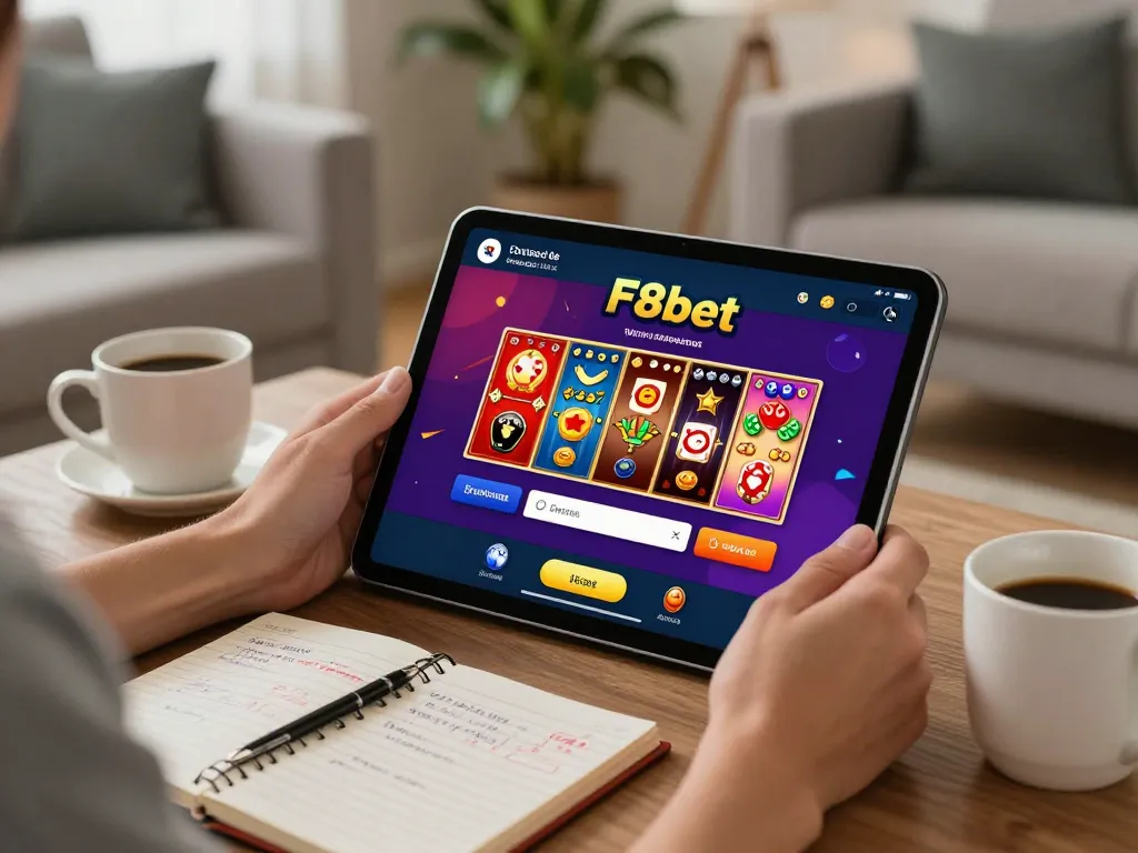 Engage with link F8bet while playing exciting poker on a stylish tablet in a cozy home environment.