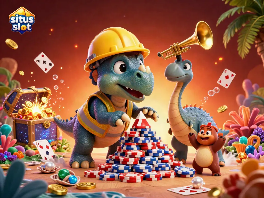 Celebrate with situs slot as triceratops builds poker chip pyramid surrounded by shiny gems and festive creatures.