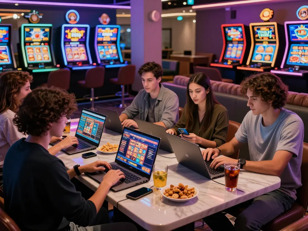 Friends engaging in online gaming at a digital casino featuring Lucky88 uy tín in a vibrant atmosphere.