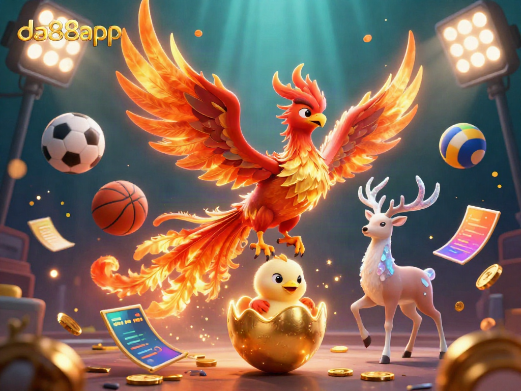 Engage with da88app's vibrant 3D phoenix scene showcasing dynamic casino elements and sports betting excitement.