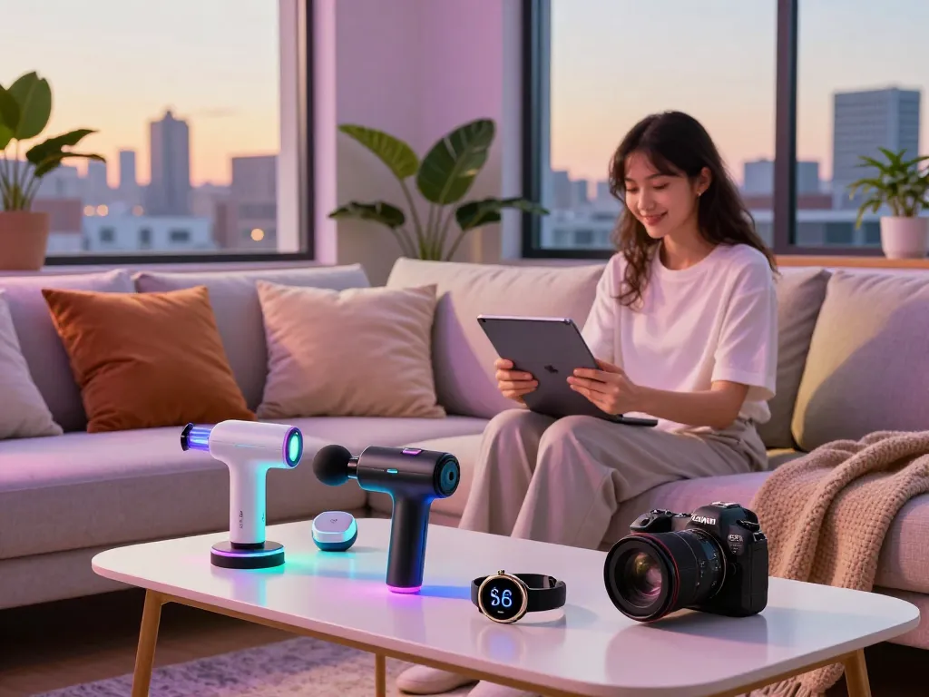 Showcasing cool tech gadgets under $118 in a modern urban living room with Bluetooth devices.