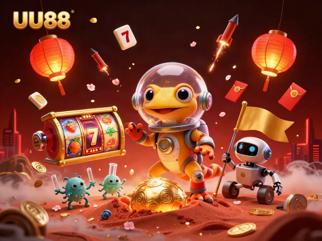 Experience UU88 in a vibrant Martian casino scene filled with slot reels and golden treasures.
