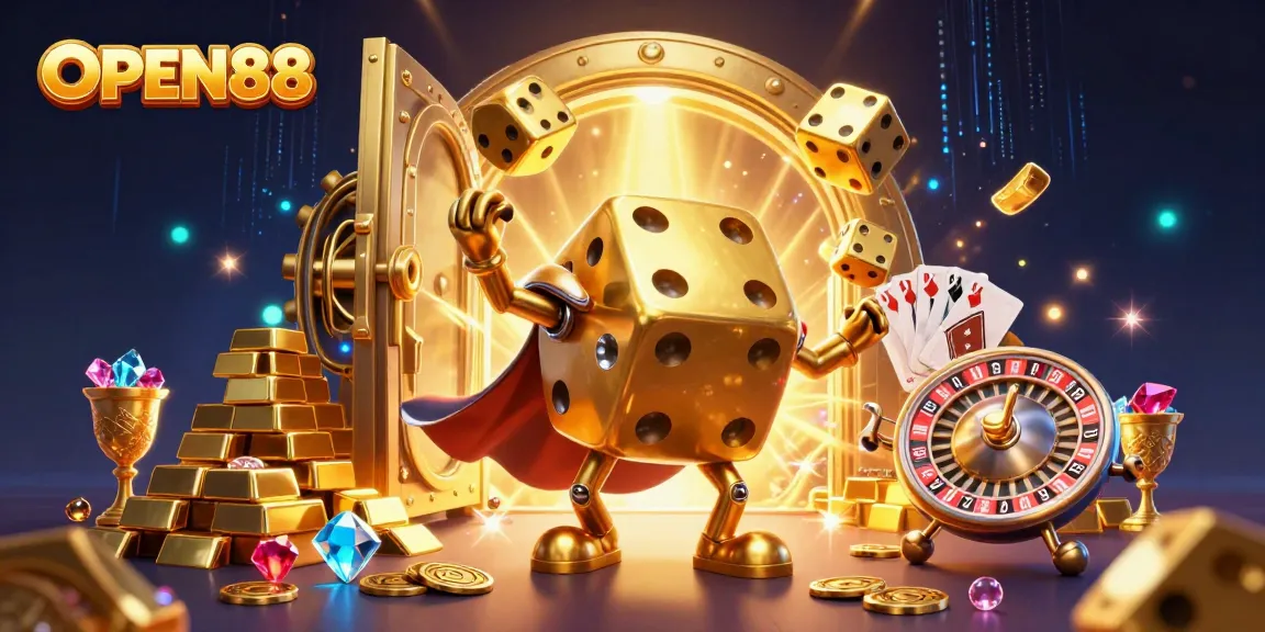 OPEN88 players experience thrilling jackpot action with vibrant golden dice and treasure.