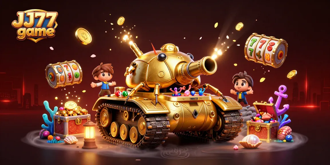 Experience the JJ77 game with a golden beetle tank revealing a dazzling casino inside.