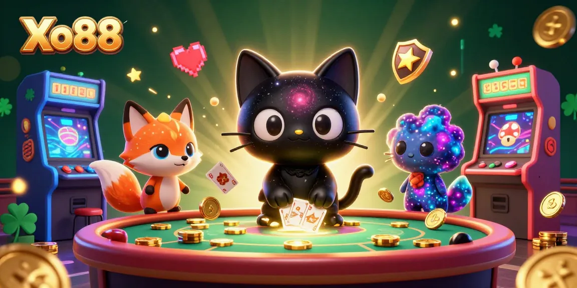 Xo88 offers an exciting gaming experience with vibrant 3D characters and elements at a cosmic casino table.