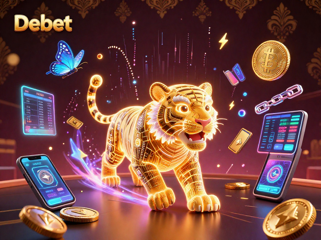 Experience the digital casino wonderland with Debet's thrilling atmosphere filled with vibrant crypto elements.