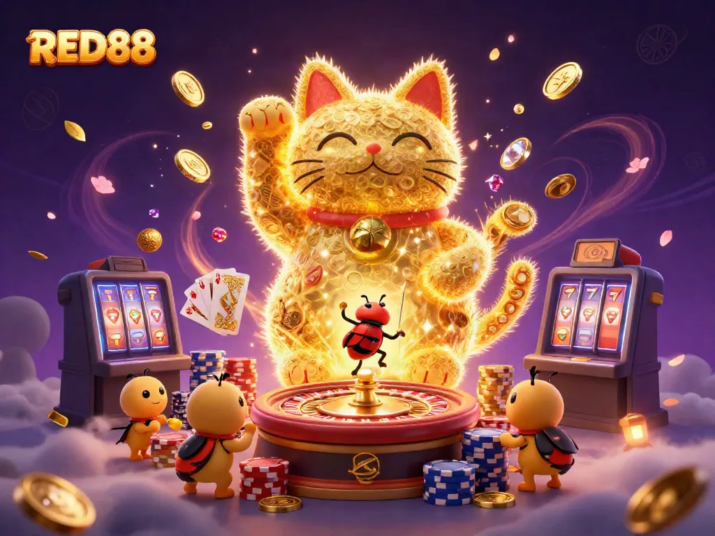 Experience the magic of RED88 with a vibrant illustration featuring a lucky cat, fireflies, and dynamic casino elements.
