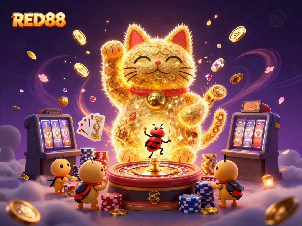 Experience the magic of RED88 with a vibrant illustration featuring a lucky cat, fireflies, and dynamic casino elements.