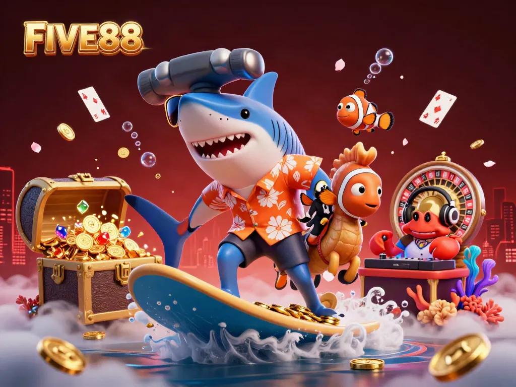 Experience the thrilling world of FIVE88 casino with a lively underwater scene featuring a shark surfing on gold coins!