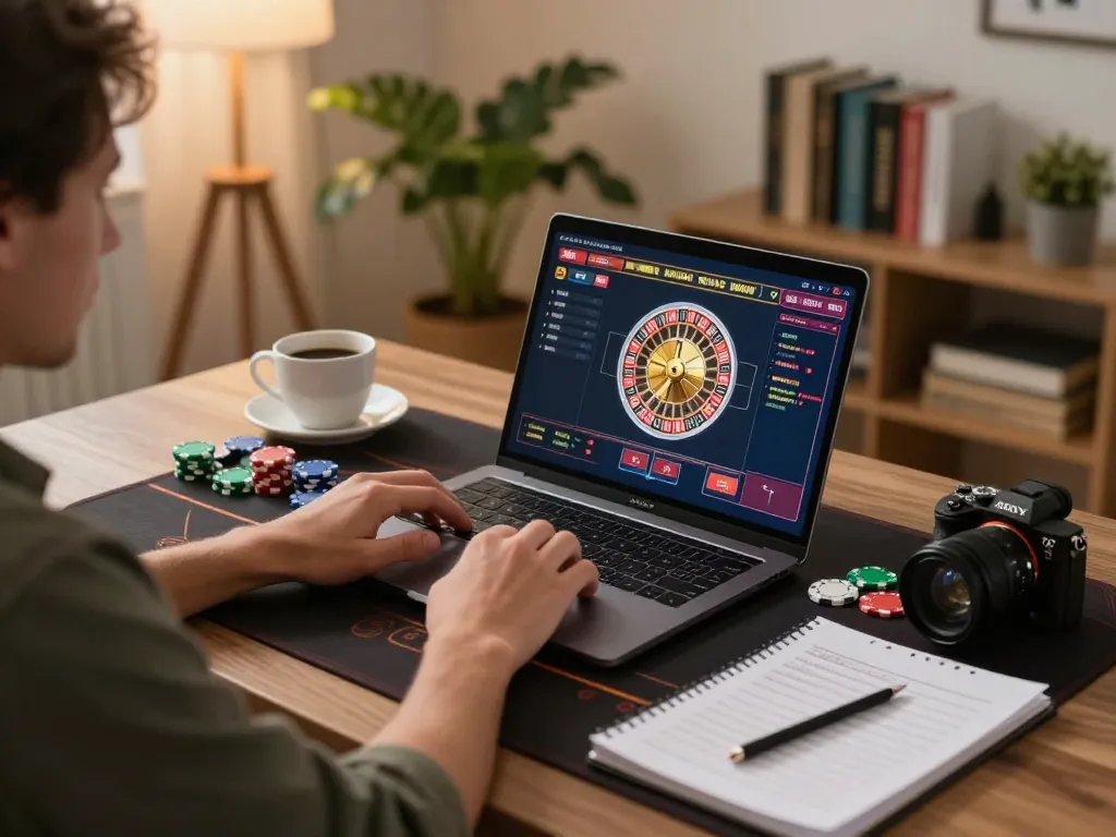 Engaging online gaming session at a home office with red88 roulette game visible on screen