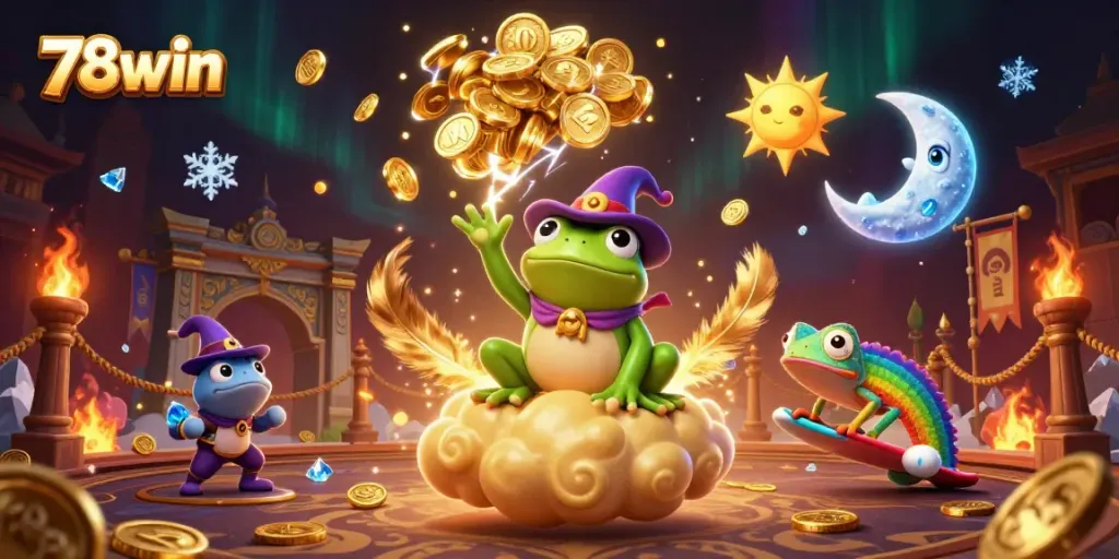 Engage with 78win's thrilling casino atmosphere filled with golden coins, vibrant characters, and dynamic elements.