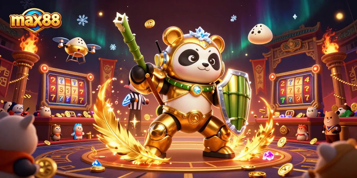 Experience exciting gameplay at max88 with golden panda and bamboo robot in a vibrant casino arena.