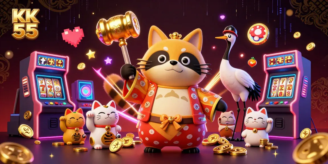 Engage with KK 55’s vibrant gaming scene featuring a cheerful tanuki and festive elements in an exciting casino atmosphere.