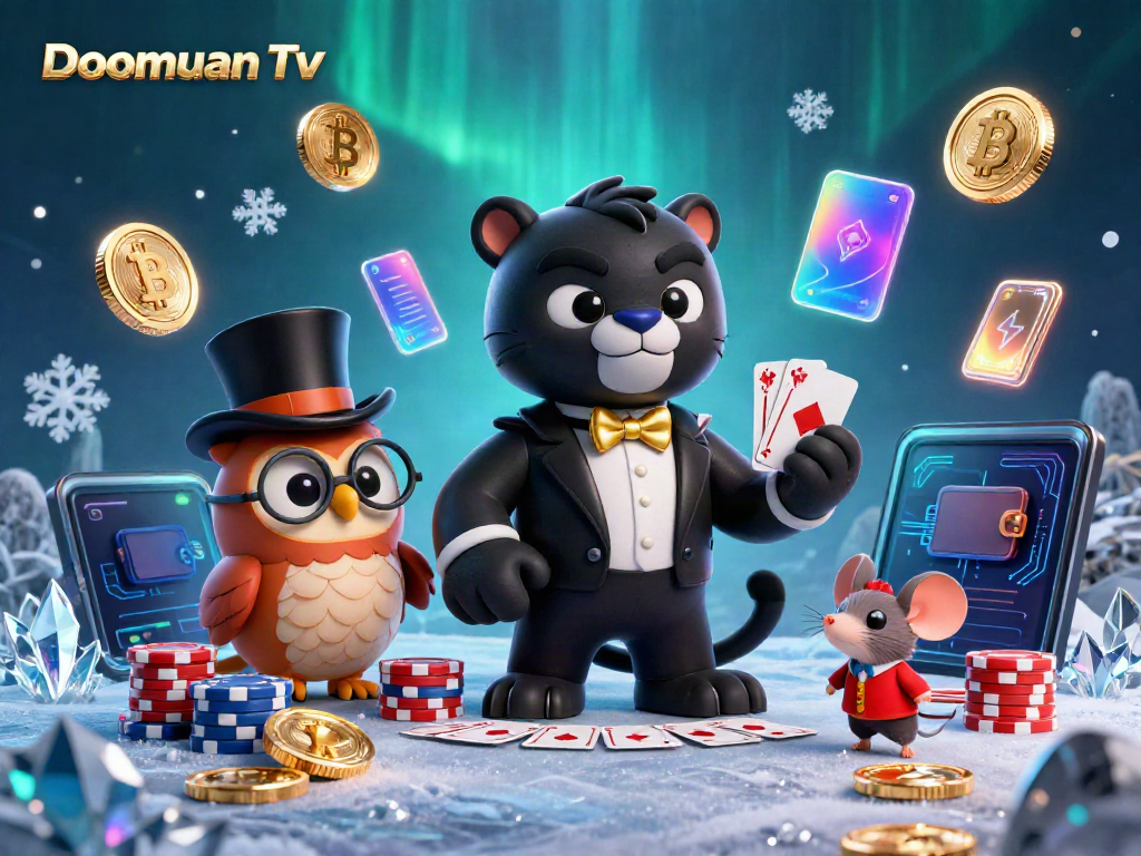 Doomuan Tv showcases a stylish panther card dealer surrounded by crypto coins and gaming elements in a vibrant casino-themed 3D scene.