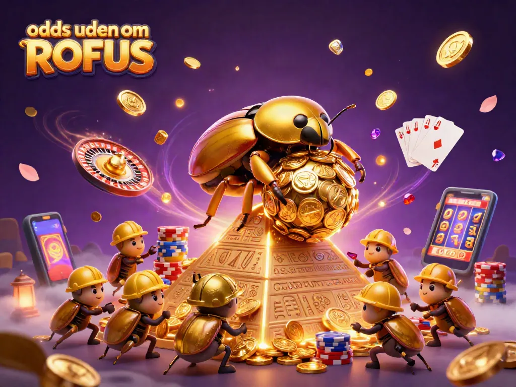 Bettors explore odds uden om ROFUS with a giant golden beetle and vibrant casino elements.