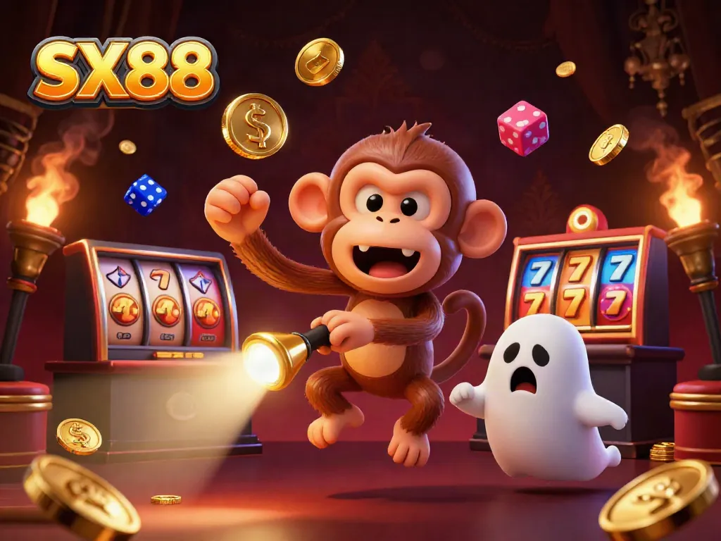 SX88 thrilling illustration of a mischievous ghost monkey juggling casino elements within a haunted casino.