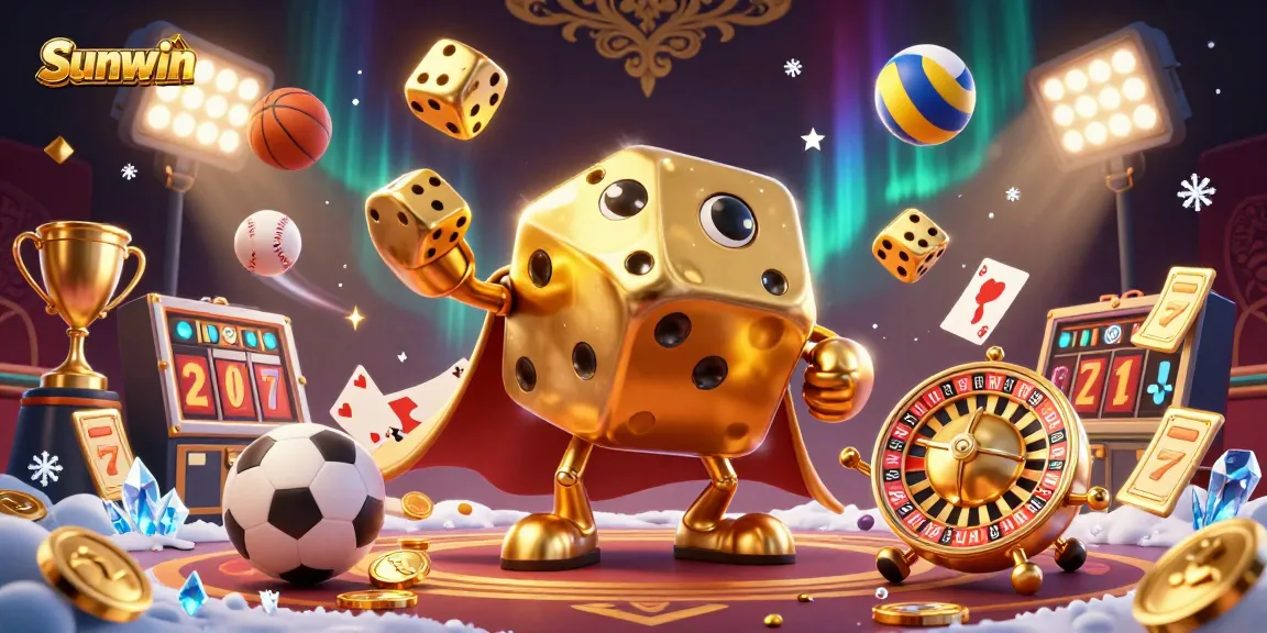 Experience the excitement at Sunwin with a vibrant 3D illustration of a gaming scene featuring golden dice, sports elements, and slot machines.