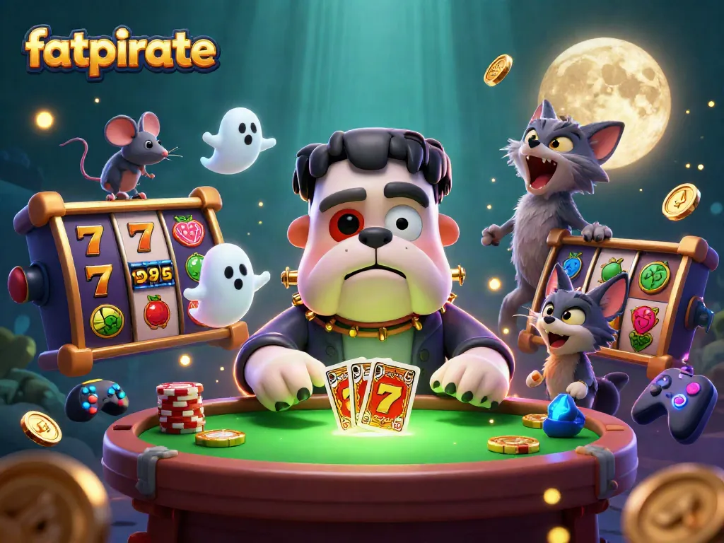 Experience thrilling action with FatPirate, a colorful casino scene featuring a 3D Frankenstein bulldog monster dealing cards.