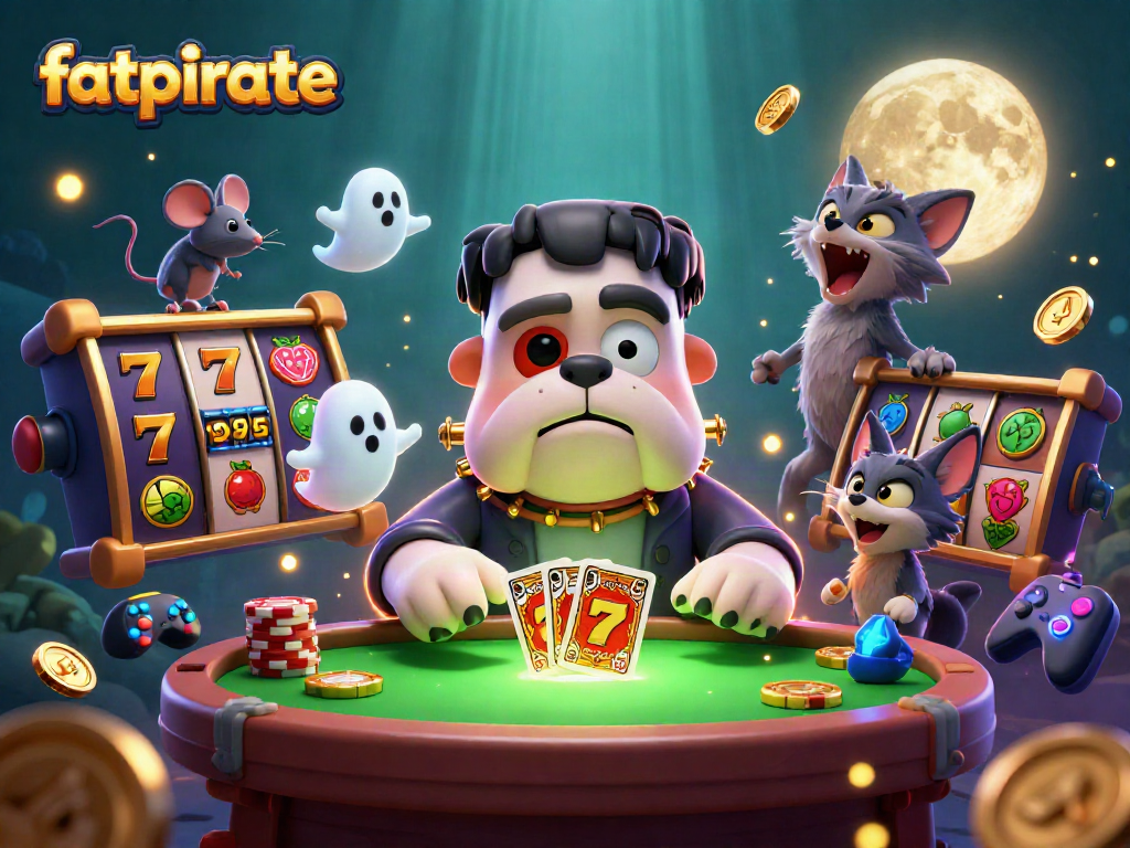 Experience thrilling action with FatPirate, a colorful casino scene featuring a 3D Frankenstein bulldog monster dealing cards.