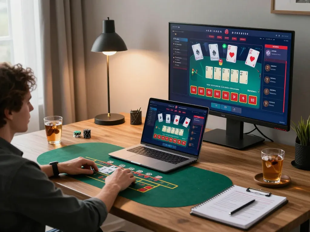 Lu88 online blackjack player engaging in live casino action with strategic gaming setup