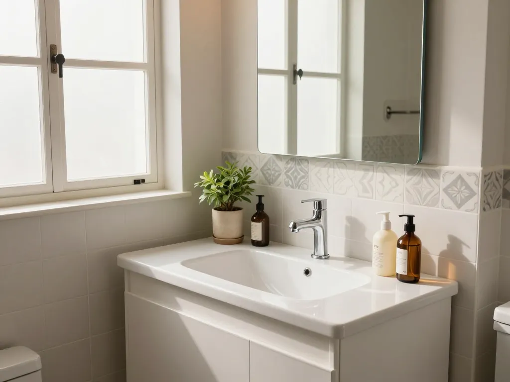 Modern badkamer met een elegant badkamermeubel van 50 cm breed, voorzien van een stijlvolle wastafel en natuurlijke decoratie.