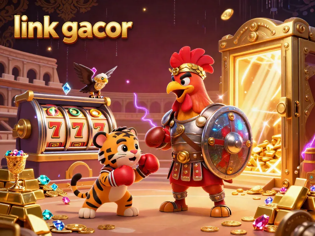 Capture the excitement of link gacor with a vibrant scene featuring a rooster gladiator, slot game elements, and shimmering jackpots.