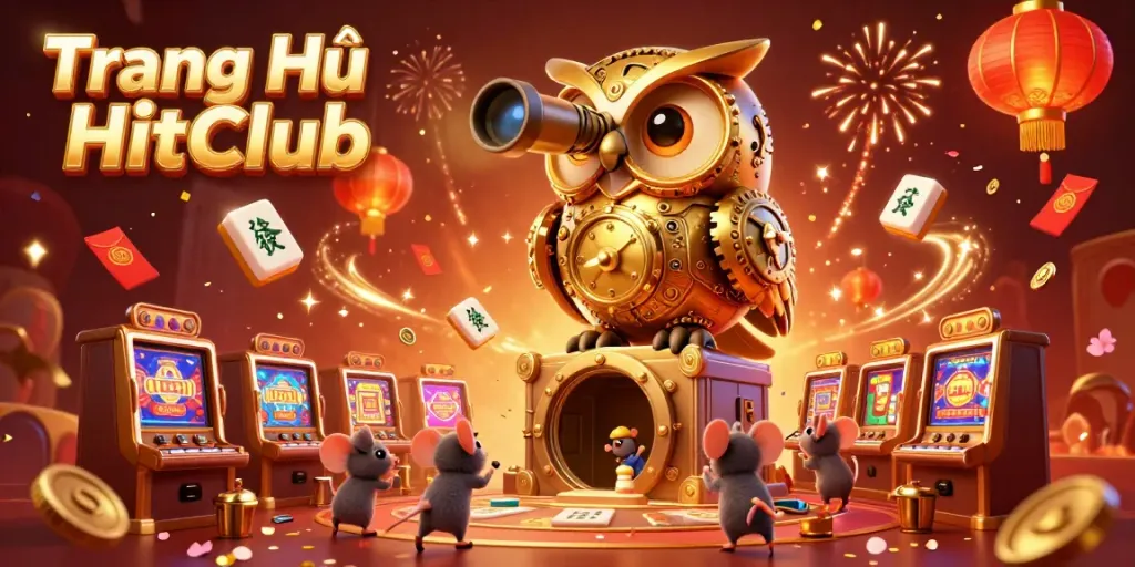 Experience the vibrant scene of Trang Chủ HitClub with a dynamic owl and casino elements capturing the excitement of gaming.