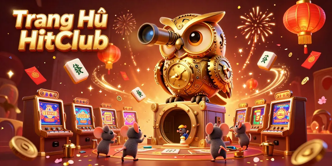 Experience the vibrant scene of Trang Chủ HitClub with a dynamic owl and casino elements capturing the excitement of gaming.