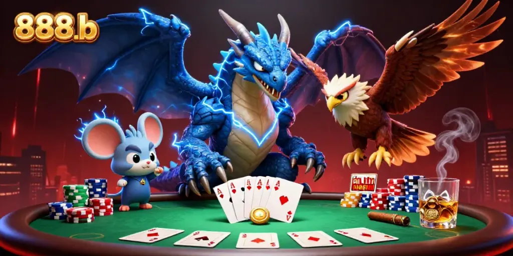 Engage in thrilling poker action at 888b with dynamic characters and vibrant casino elements.