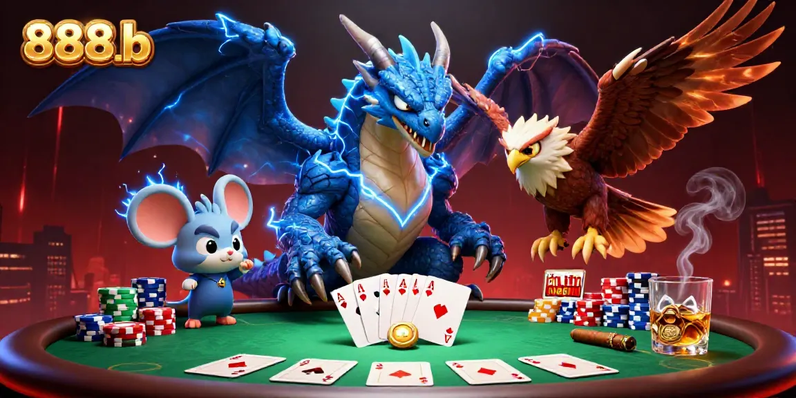 Engage in thrilling poker action at 888b with dynamic characters and vibrant casino elements.