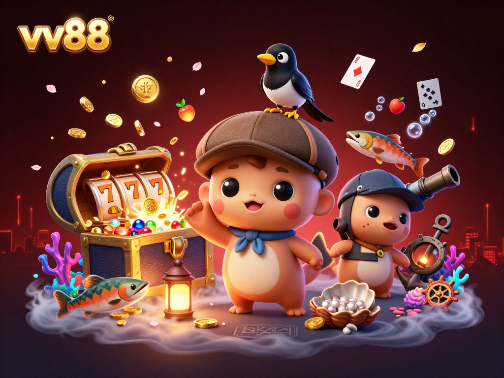 Win big with vv88 in this rich 3D illustration featuring playful characters amidst exciting slot elements.