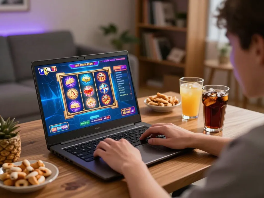 Engaging in online gaming with F8bet interface on the laptop, showcasing an inviting home setup for gambling