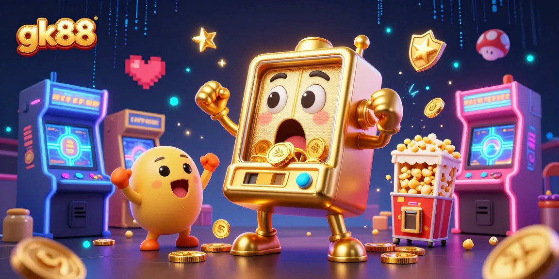 gk88 slot machine celebrating a jackpot as coins burst forth, surrounded by gaming excitement and colorful elements.