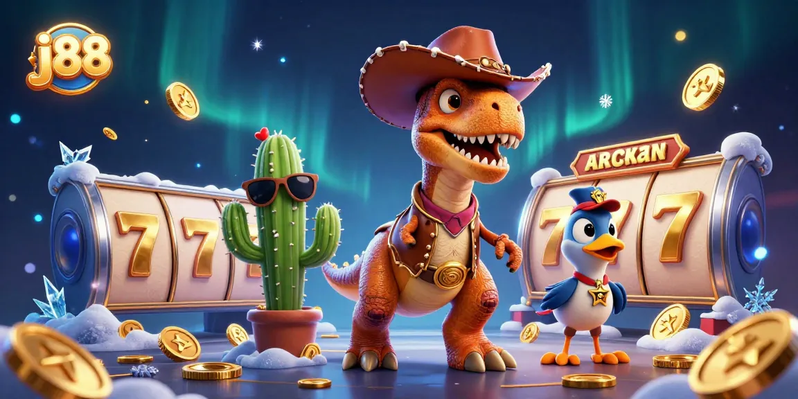 Engage with j88's gaming adventure featuring a cowboy dinosaur with dynamic slot elements.