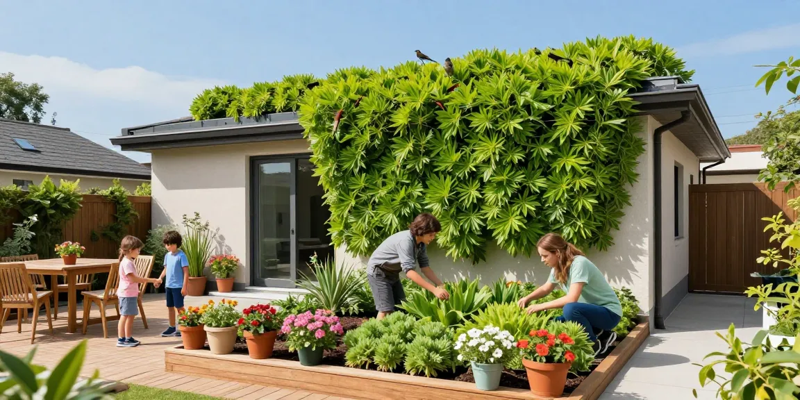 Kleurig sedumdak dat milieuvriendelijke dakbedekking biedt in een levendige tuinomgeving.