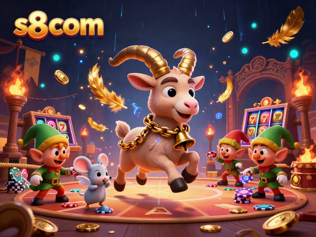 Win big at s8 com casino with a festive Krampus goat and mischievous gremlins in this vibrant illustration.