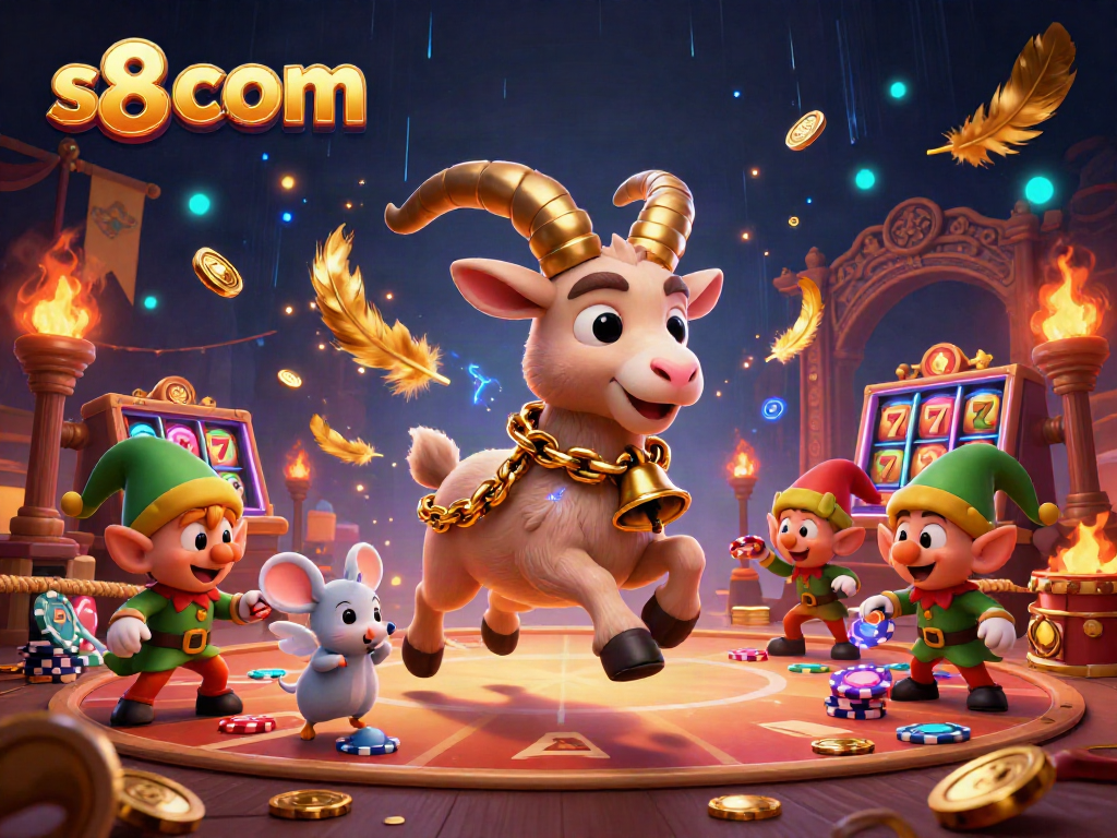 Win big at s8 com casino with a festive Krampus goat and mischievous gremlins in this vibrant illustration.